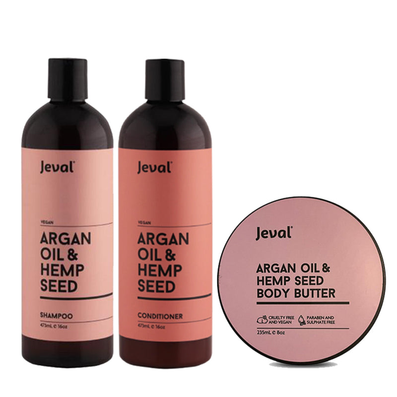 Jeval Infusions Argan Oil & Hemp Shampoo, Conditioner & Body Butter Trio