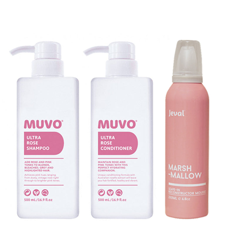 MUVO Ultra Rose Shampoo, Conditioner & Jeval Marshmallow Treatment Trio